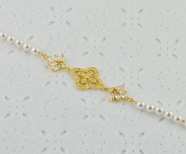 Gold Bridal Wedding Pearl Bracelet - Cubic Zirconia, Swarovski, 56