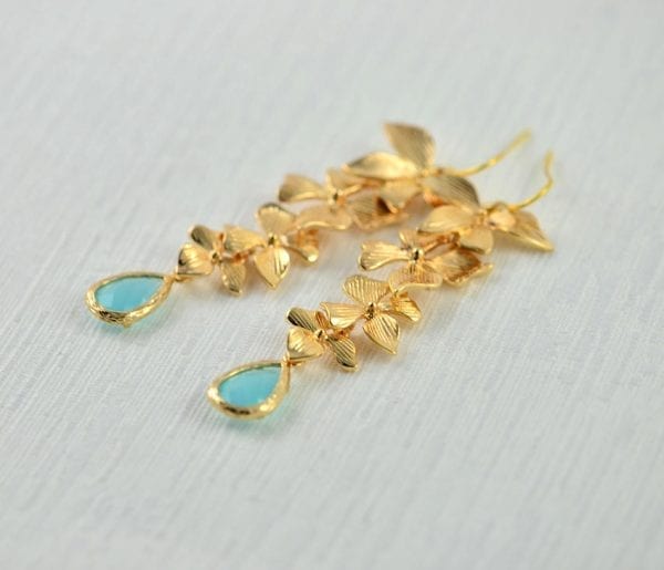 Gold Cascading Turquoise Earrings - Drop, Leaf, Bridesmaids 2