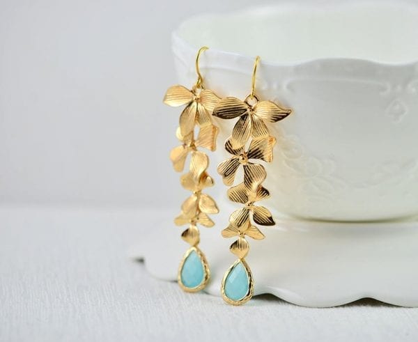 Gold Cascading Turquoise Earrings - Drop, Leaf, Bridesmaids 53