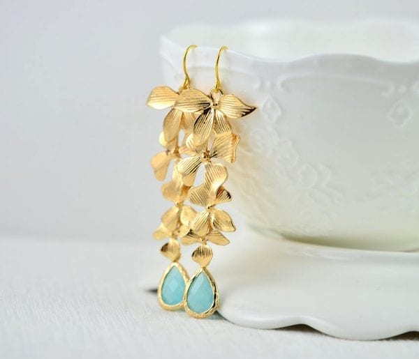 Gold Cascading Turquoise Earrings - Drop, Leaf, Bridesmaids 54