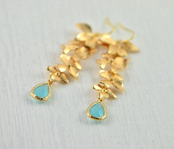 Gold Cascading Turquoise Earrings - Drop, Leaf, Bridesmaids 55