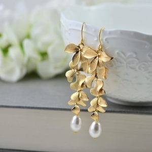 Gold Cascading Floral Pearl Earrings - Swarovski, Drop, Bridesmaids 1