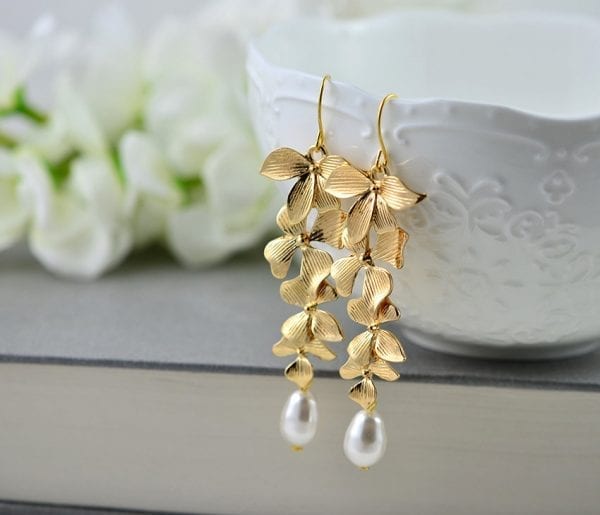 Gold Cascading Floral Pearl Earrings - Swarovski, Drop, Bridesmaids 1