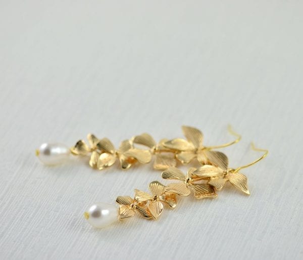 Gold Cascading Floral Pearl Earrings - Swarovski, Drop, Bridesmaids 2