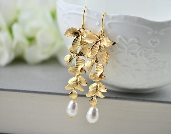 Gold Cascading Floral Pearl Earrings - Swarovski, Drop, Bridesmaids 53