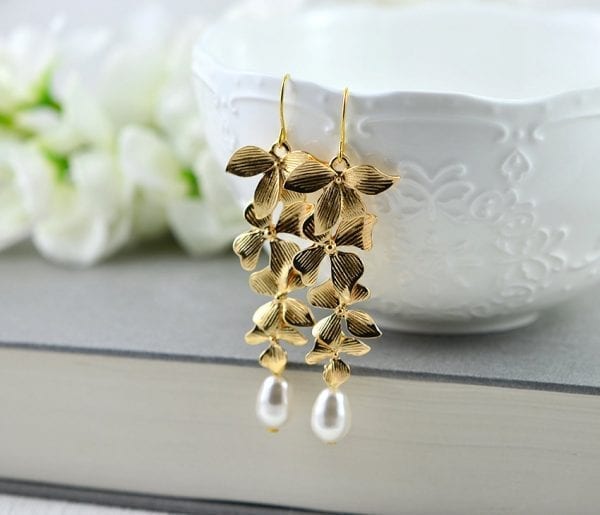 Gold Cascading Floral Pearl Earrings - Swarovski, Drop, Bridesmaids 4