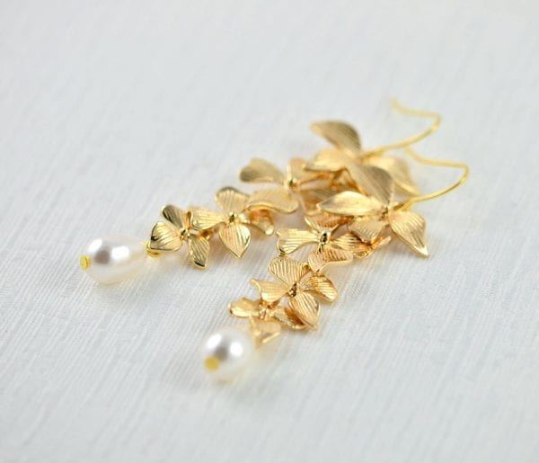 Gold Cascading Floral Pearl Earrings - Swarovski, Drop, Bridesmaids 5
