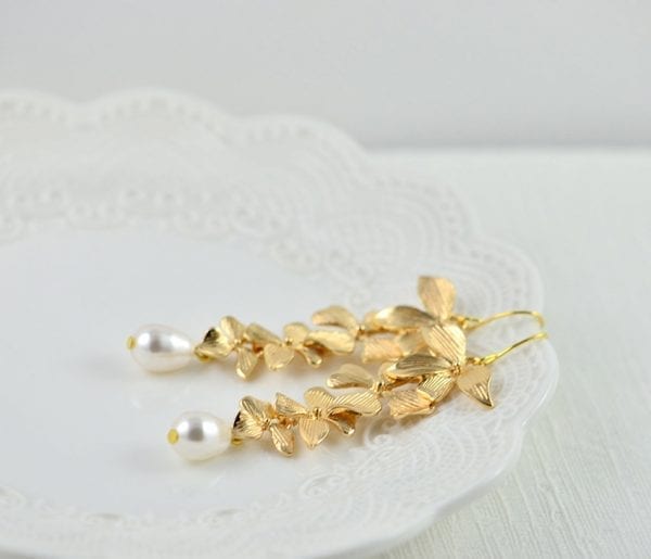 Gold Cascading Floral Pearl Earrings - Swarovski, Drop, Bridesmaids 56