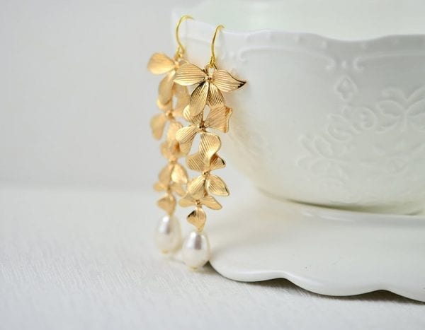 Gold Cascading Floral Pearl Earrings - Swarovski, Drop, Bridesmaids 58