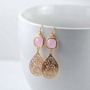 Gold Chandelier Pink Earrings, Bridesmaids, Light weight, Teardrop 51