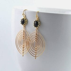 Gold Chandelier Oval Earrings - Bridesmaids, Black Crystal, Long, Mother's Day 7