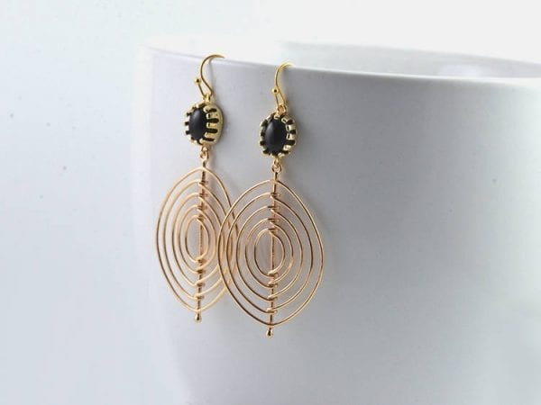 Gold Chandelier Oval Earrings - Bridesmaids, Black Crystal, Long, Mother's Day 1