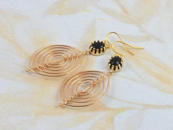 Gold Chandelier Oval Earrings - Bridesmaids, Black Crystal, Long, Mother's Day 3