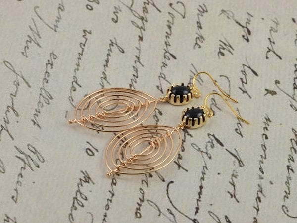 Gold Chandelier Oval Earrings - Bridesmaids, Black Crystal, Long, Mother's Day 4