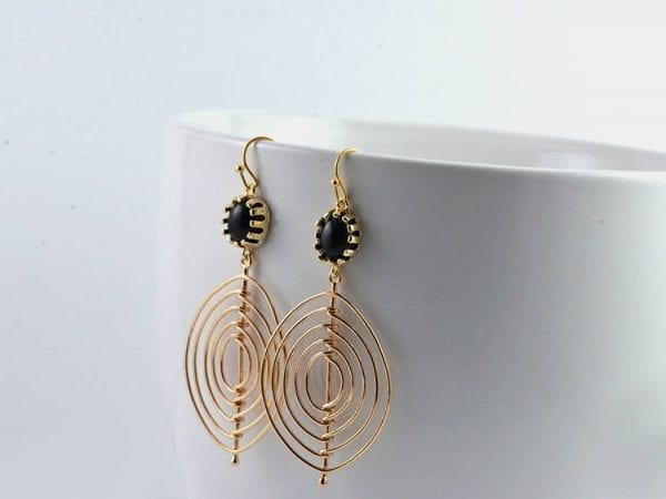 Gold Chandelier Oval Earrings - Bridesmaids, Black Crystal, Long, Mother's Day 5