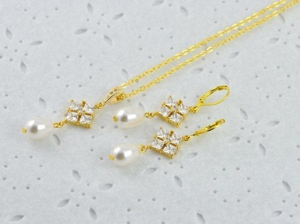 Gold Cubic Zirconia Swarovski Pearl Bridal Jewellery Set - Wedding Jewellery Set 52