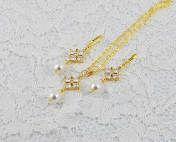 Gold Cubic Zirconia Swarovski Pearl Bridal Jewellery Set - Wedding Jewellery Set 53