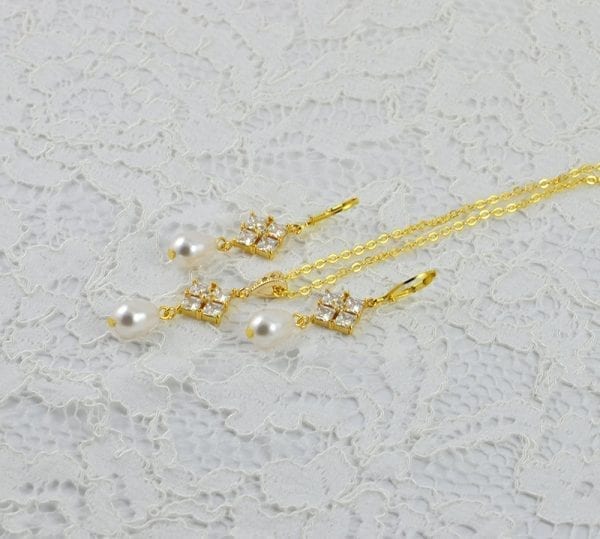 Gold Cubic Zirconia Swarovski Pearl Bridal Jewellery Set - Wedding Jewellery Set 6