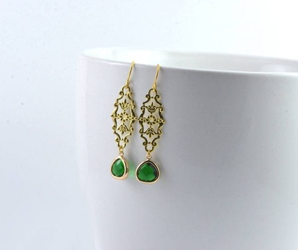 Gold Emerald Filigree Earrings - Dangle, Simple, Bridesmaids 51