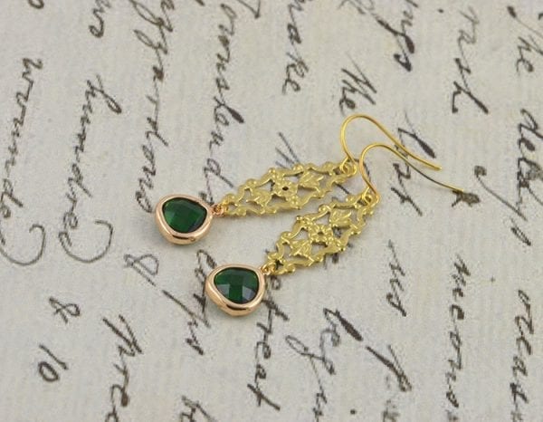 Gold Emerald Filigree Earrings - Dangle, Simple, Bridesmaids 2