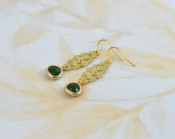 Gold Emerald Filigree Earrings - Dangle, Simple, Bridesmaids 53