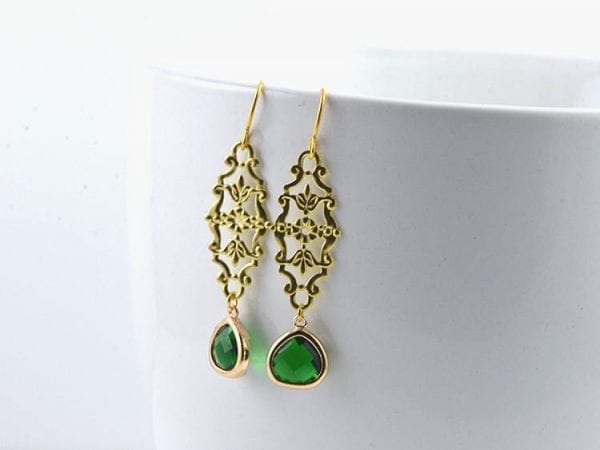 Gold Emerald Filigree Earrings - Dangle, Simple, Bridesmaids 4