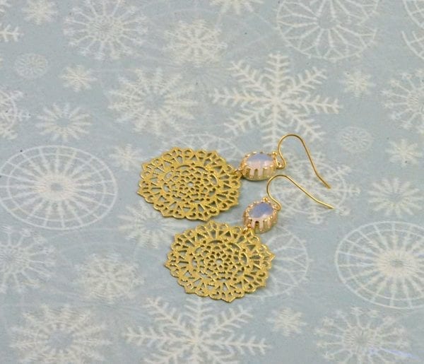 White Opal Gold Filigree Earrings - Chandelier, Bridesmaids, Simple, Vintage 52