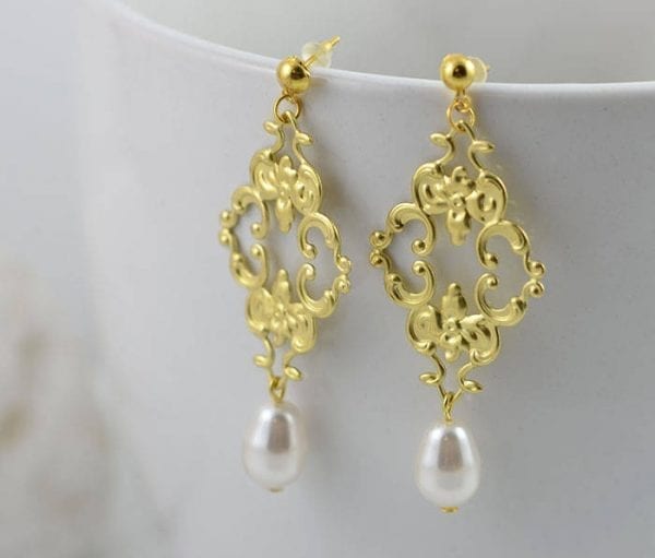 Gold Filigree Pearl Earrings