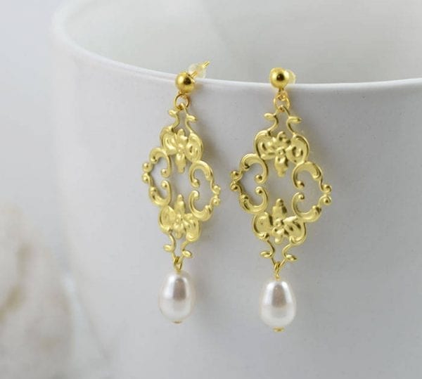 Gold Filigree Pearl Earrings - Swarovski Pearls, Teardrop, Stamped