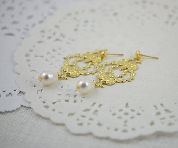 Gold Filigree Pearl Earrings - Swarovski Pearls, Teardrop, Stamped