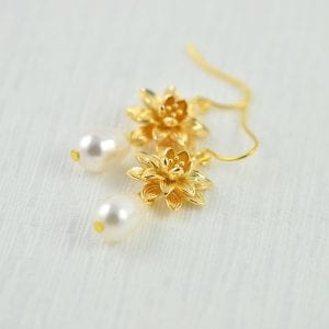 Gold Floral Swarovski Pearl Lotus Flower Earrings - Bridesmaids, Drop, Simple 26