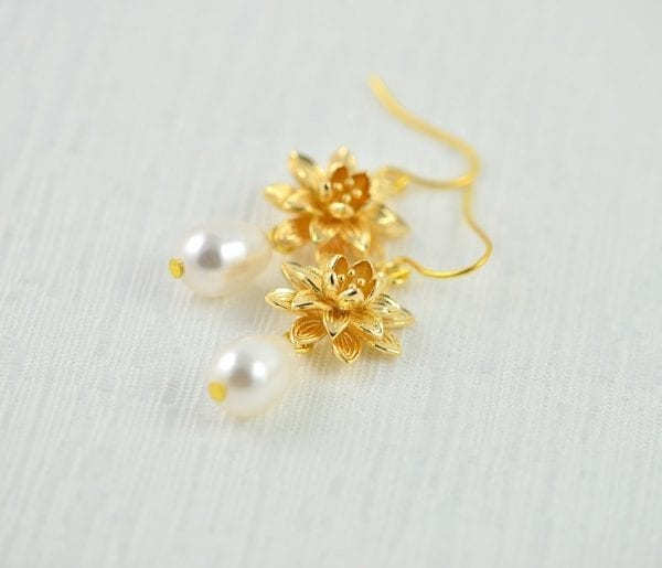 Gold Floral Swarovski Pearl Lotus Flower Earrings - Bridesmaids, Drop, Simple 51