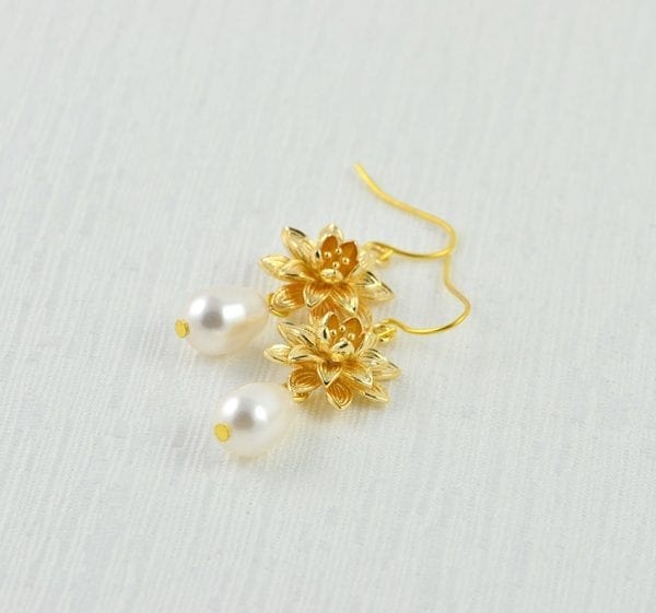 Gold Floral Swarovski Pearl Lotus Flower Earrings - Bridesmaids, Drop, Simple 52