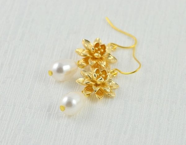 Gold Floral Swarovski Pearl Lotus Flower Earrings - Bridesmaids, Drop, Simple 53