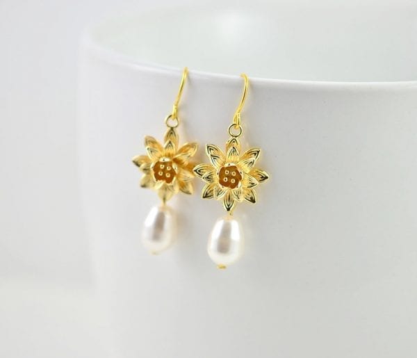 Gold Floral Swarovski Pearl Lotus Flower Earrings - Bridesmaids, Drop, Simple 55