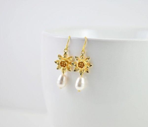 Gold Floral Swarovski Pearl Lotus Flower Earrings - Bridesmaids, Drop, Simple 56