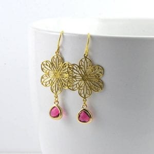 Gold Flower Chandelier Earrings - Bridesmaids, Ruby Teardrop 52