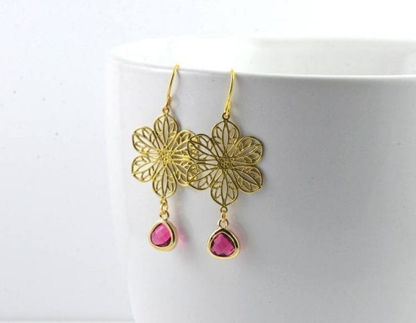 Gold Flower Chandelier Earrings - Bridesmaids, Ruby Teardrop 1