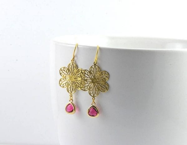 Gold Flower Chandelier Earrings - Bridesmaids, Ruby Teardrop 53