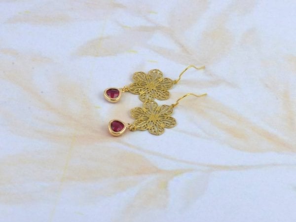 Gold Flower Chandelier Earrings - Bridesmaids, Ruby Teardrop 54