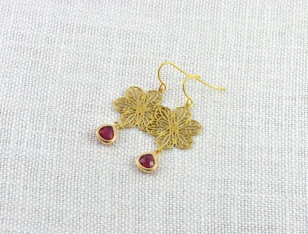Gold Flower Chandelier Earrings - Bridesmaids, Ruby Teardrop 55