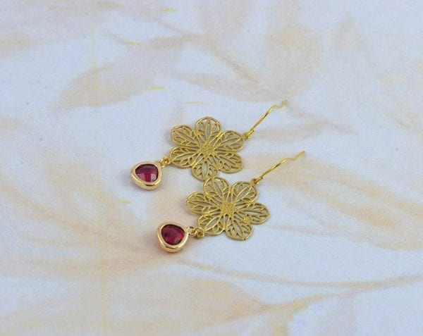 Gold Flower Chandelier Earrings - Bridesmaids, Ruby Teardrop 6