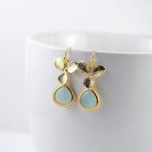 Mint Green Gold Flower Earrings - Leaf Dangle, Bridesmaids, Turquoise 24