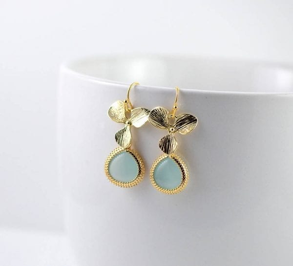 Mint Green Gold Flower Earrings - Leaf Dangle, Bridesmaids, Turquoise 1