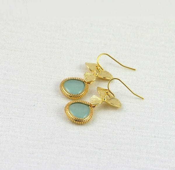 Mint Green Gold Flower Earrings - Leaf Dangle, Bridesmaids, Turquoise 52