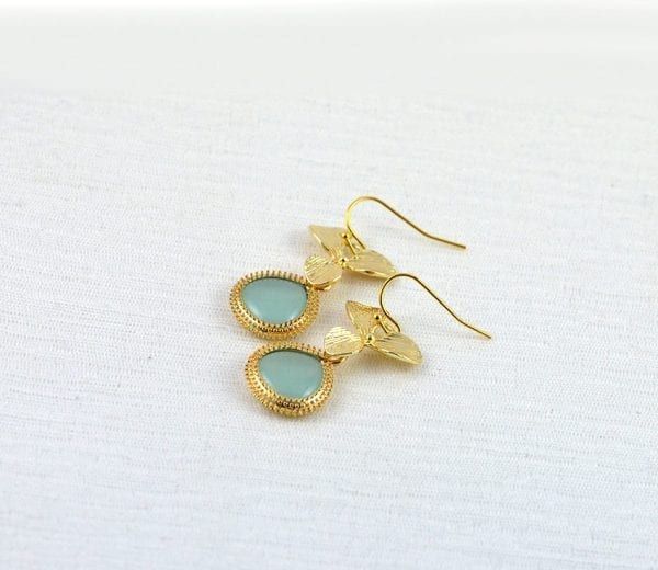 Mint Green Gold Flower Earrings - Leaf Dangle, Bridesmaids, Turquoise 3