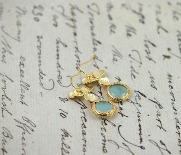 Mint Green Gold Flower Earrings - Leaf Dangle, Bridesmaids, Turquoise 54