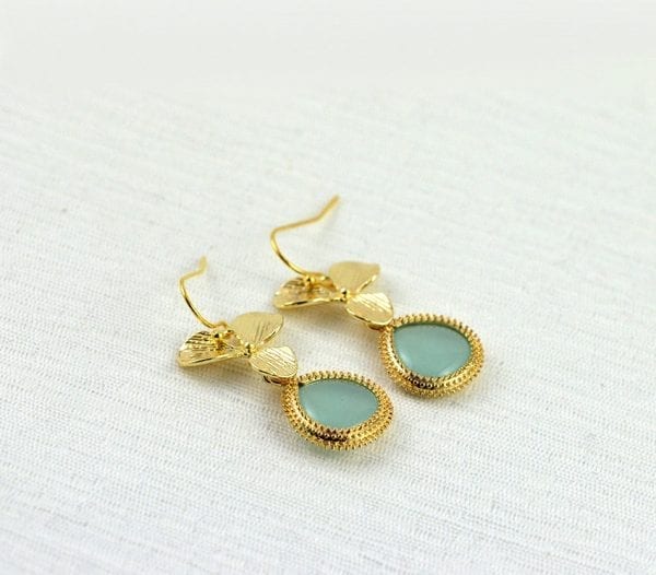 Mint Green Gold Flower Earrings - Leaf Dangle, Bridesmaids, Turquoise 5