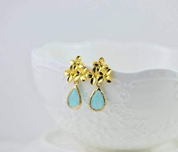 Gold Flower Turquoise Drop Earrings - Glass, Modern, Bridesmaids 1