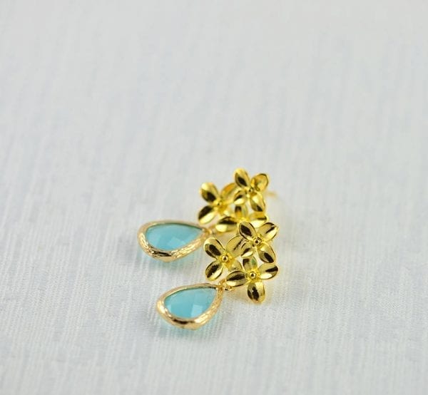 Gold Flower Turquoise Drop Earrings - Glass, Modern, Bridesmaids 3